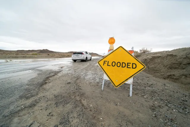 Yellow warning sign that reads "Flooded" set by a roadway covered with water