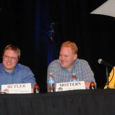 PONDERING A QUESTION are (from left) the UC Riverside team of Jennifer Henke, Casey Butler, Jason Mottern and Rebeccah Waterworth. UC Riverside won the Linnaean Games. (Photo by Kathy Keatley Garvey)