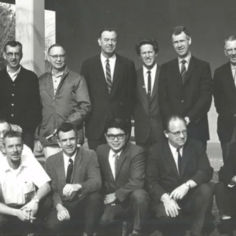 UC DAVIS ENTOMOLOGISTS IN 1970 posed for this photo. In front (from left) are Dick Bushing, Frank Summers, Bob Schuster, Al Grigarick, Bob Washino, Harry Lange and Harry Laidlaw.
In back (from left) are Charles Judson, Robbin Thorp, Vern Burton, Elmer Carlson, Oscar Bacon, Frank Strong, Don McLean, Ward Stanger and Ed Loomis.
(Photo courtesy of Oscar Bacon)