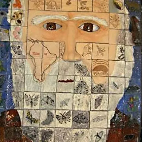 'THE FACE OF DARWIN,' a ceramic mosaic created in a freshman seminar at UC Davis in commemoration of Darwin's 200th birthday anniversary, shows the organisms he studied and the secret notes he harbored. (Photo courtesy of Diane Ullman)