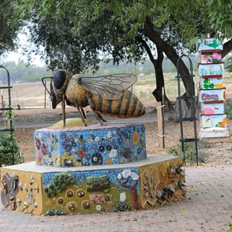 BEE SCULPTURE, titled "Miss Bee Haven," graces the Haagen-Dazs Honey Bee Haven at the Harry H. Laidlaw Jr. Honey Bee Research Facility, UC Davis. It is the work of noted artist Donna Billick. The ceramic tiles on the bench and the bee hive columns (back) are the work of the UC Davis Art/Science Fusion Program. (Photo by Kathy Keatley Garvey)