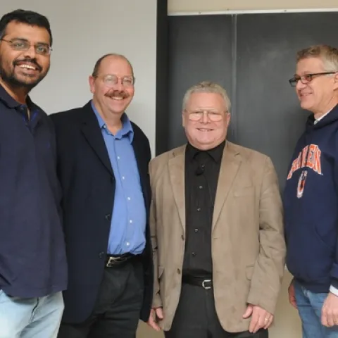 World-renowned organic chemist Wittko Francke (second from right) met with UC Davis researchers following his presentation on Wednesday at a UC Davis Department of Entomology seminar. From left are chemical ecologist Zain Syed of the Walter Leal lab; chemical ecologist and forest entomologist Steve Seybold of the USDA Forest Service, Pacific Southwest Research Station, Davis, and an affiliate of the UC Davis Department of Entomology; Wittko Francke; and chemical ecologist Walter Leal, professor and former c