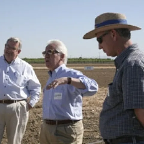 Left to right, farmer John Diener, U.S. Rep. Jim Costa and UCCE farm advisor Dan Munk.
