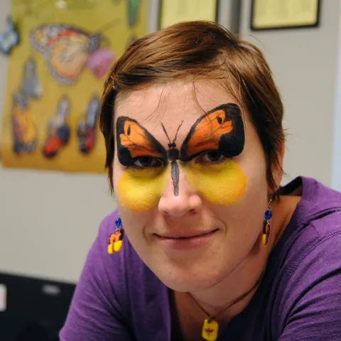 UC Davis graduate student Emily Bzdyk came dressed as a butterfly. She creates insect jewelry sold at the Bohart. (Photo by Kathy Keatley Garvey)