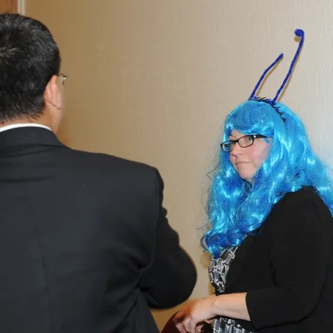 Bug Girl talks with Ayanava Majumdar, Auburn University, Alabama. (Photo by Kathy Keatley Garvey)