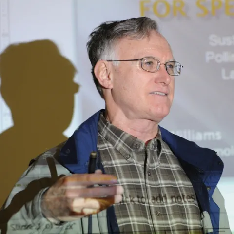 Extension apiculturist Eric Mussen answers questions from a Woodland crowd. (Photo by Kathy Keatley Garvey)