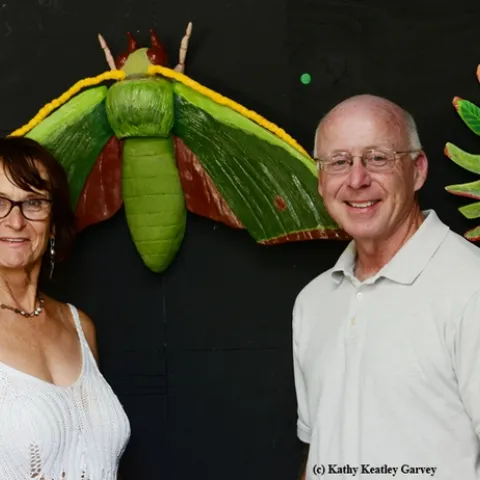 "Rock artist" Donna Billick with Terry Nathan, UC Davis professor of atmospheric science. He teaches photography in the UC Davis Art/Science Fusion Program. (Photo by Kathy Keatley Garvey)