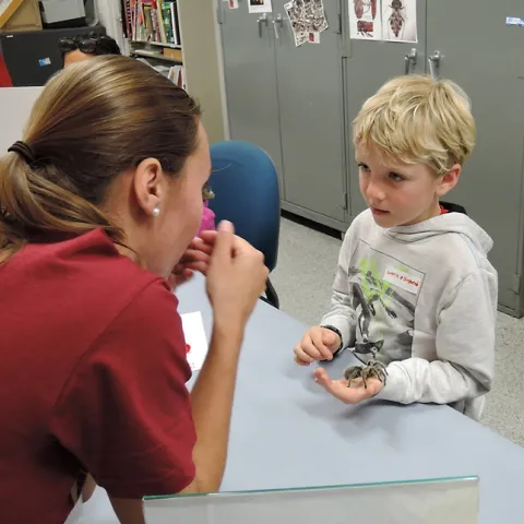 UC Davis entomology graduate student Jéssica Gillung engages Griffin Shepherd, 7, of Winters, as she talks about a rose-haired tarantula. (Photo by Kathy Keatley Garvey)