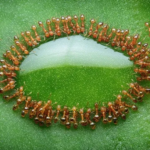 Ants feeding on a drop of honeydew, Photo by: Husni Che Ngah