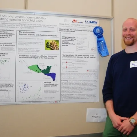 Phillipp Brand, a graduate student in the Santiago Ramirez lab, UC Davis Department of Evolution and Ecology, and a member of the Population Biology Graduate Group, won the Graduate Student Research Poster competition last year. (Photo by Kathy Keatley Garvey)