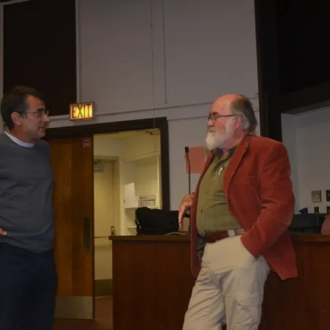 Roberto Botelho (left), Brazilian conservation agriculture researcher from Sao Paolo state and Angus Wright, Emeritus Professor of Environmental Studies at California State University, Sacramento at seminar presentation of Wright at Fresno City College, February 22, 2018