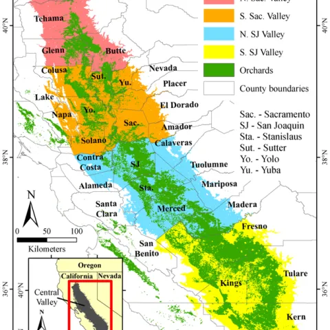 Overview of California’s Central Valley, showing the distribution of orchards that require winter chill