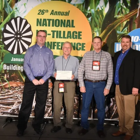 CASI Workgroup members Jeff Mitchell (second from left), Michael Crowell (third from left), and Monte Bottens (right) receiving National No-till Farmer 2017 Organization Innovator acknowledgement at the 2018 Annual Conference of the Association in Louisville, KY, January 23, 2018