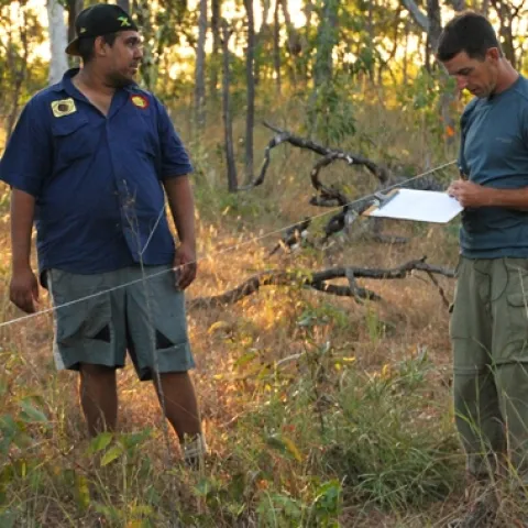 Don Hankins (right) sampling vegetation for a fire and biodiversity project in the Kaanju Ngaachi Indigenous Protected Area on the Cape York Peninsula, Queensland, Australia. Photo by Niki Michail.