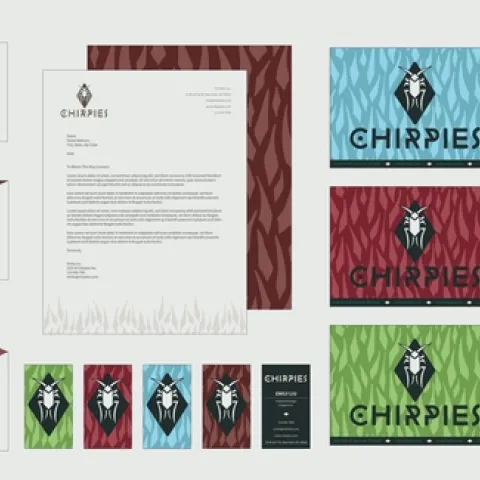 Graphic design examples by UC Davis student Emily Liu comprise her business system revolving around crickets: "Chirpies."