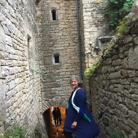 UC Davis professor Diane Ullman has received a Fulbright to France to study plant-insect interactions. This image is of her in Saint-Enimie, which is in the Lozère department in southern France ("Departments" in France are comparable to "counties" in the United States.) This site is a few hours north of Langedoc, where she will be working.