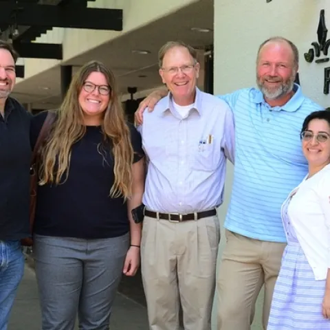 Brothers Craig and Lee Hazeltine recently honored Bill Hazeltine Research Award recipients Olivia Winokur and Maribel "Mimi" Portilla at a luncheon. UC Davis medical entomologist Geoffrey Attardo, assistant professor, Department of Entomology and Nematology, joined them. From left are Geoffrey Attardo, Craig Hazeltine, Lee Hazeltine and Maribel Portilla. (Photo by Kathy Keatley Garvey)