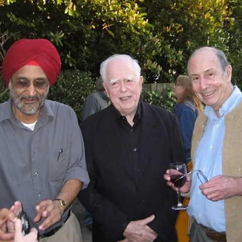 Distinguished professor John Casida (center) with his former graduate students Sarjeet Gill (left), a distinguished professor at UC Riverside, and Bruce Hammock, a distinguished professor at UC Davis. This image was taken in 2016 at UC Berkeley.