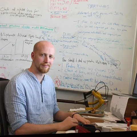 Philipp Brand found the odorant receptor genes in a wingless insect, the firebrat. He is a member of the Population Biology Graduate Group who researches the evolution of olfactory/odorant receptor genes in orchid bees and flies. (Photo by Kathy Keatley Garvey)