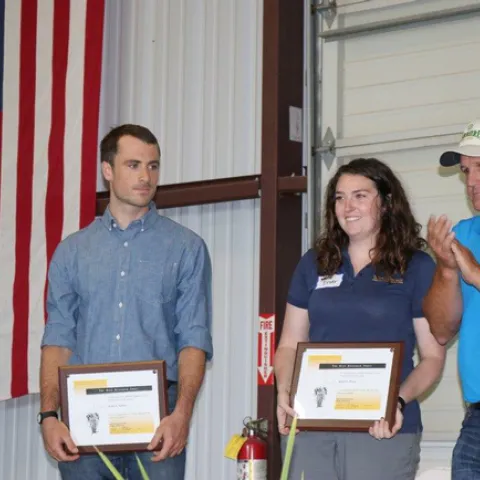 Katie Driver, UC Davis Ph.D. student, accepts D. Marlin Brandon Rice Research Fellowship award during the Rice Field Day 2018. (Photo courtesy of California Cooperative Rice Research Foundation)
