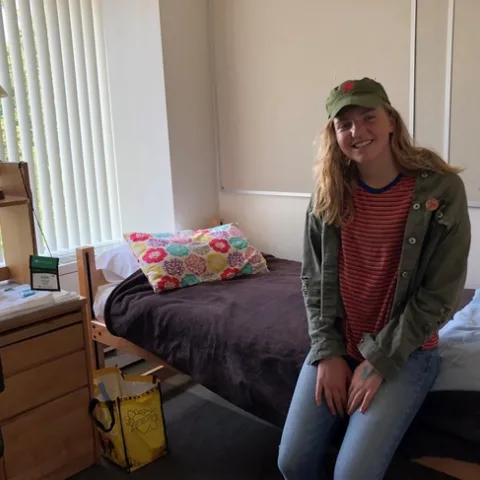 Addie in our dorm at UC Davis