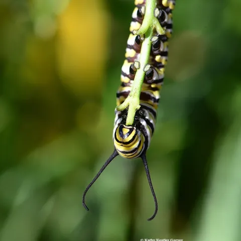A hungry monarch caterpillar chewing on a milkweed stem this morning in a Vacaville pollinator garden. (Photo by Kathy Keatley Garvey)