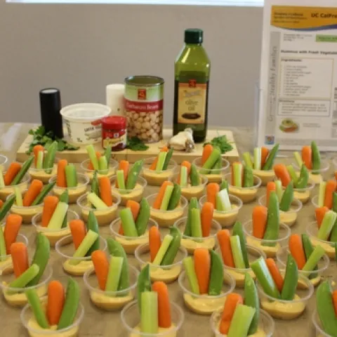 A display was prepared of the vegggie and hummus recipe. A few ingredients come together to make an easy and delicious snack