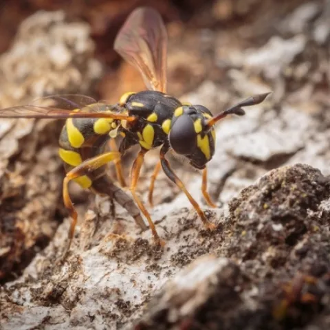 This winning image of a wasp mimic, Ceriana tridens, ovipositing in the fissures of a tree, will be showcased at the Entomological Society of America meeting in November in Vancouver,B.C. (Photo by Alexander Nguyen)