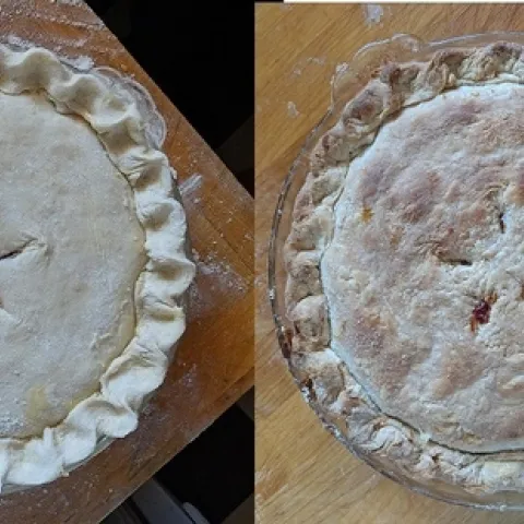 My first sour Cherry pie: raw and cooked! In my opinion the filling could have been better, but even so, we made great sacrifices and choked it down. :-)