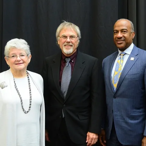 From left are distinguished emerita professor M.R.C. Greenwood, chair of the UC Davis Emeriti Association Awards and Recognition Committee; distinguished emeritus professor Robert E. Page Jr., and UC Davis Chancellor Gary S. May. (Photo by Kathy Keatley Garvey)