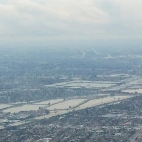 Aerial view of the Rio Hondo Spreading Grounds – a water storage and groundwater recharge facility. Photo by Erik Porse.