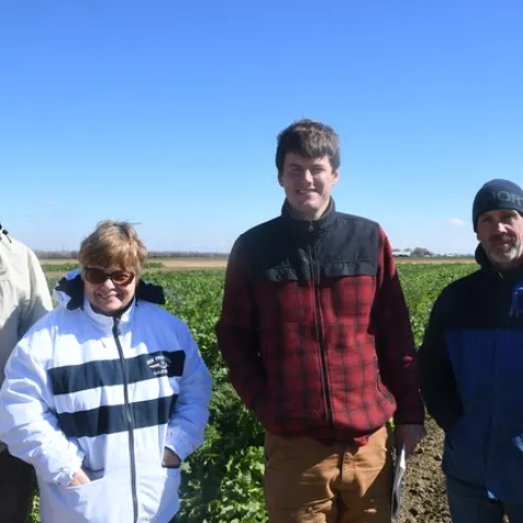 Marc Luff (second from right) and Ky Cooper (right) of Paicines Ranch along with Luff’s parents visiting the NRI Project field in Five Points, CA, February 22, 2019