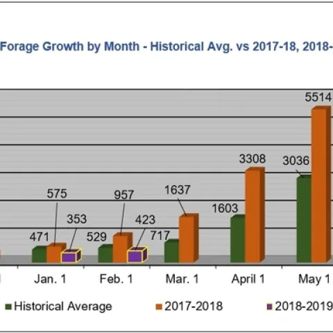 SFREC Forage Growth by Month - Historical Avg vs 17-18, 18-19 Jan-Feb