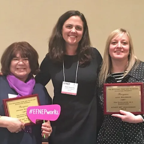 EFNEP honoree Leah Sourbeer (right) is shown with EFNEP educator Sonia Rodriguez, left, who nominated Johana Zacarias, and Katie Panarella (center), director of UC ANR Nutrition, Family and Consumer Sciences Program & Policy