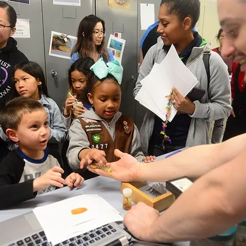 Logan Loss, 6, of Rocklin talks about scorpions to Bohart associate and scorpion scientist Wade Spencer. The kindergarten student is an avid scorpion enthusiast. Also pictured are members of the Vacaville Brownie Girl Scout Troop (from left) Jayda Navarette, Keira Yu and Kendl Macklin, front. (Photo by Kathy Keatley Garvey)