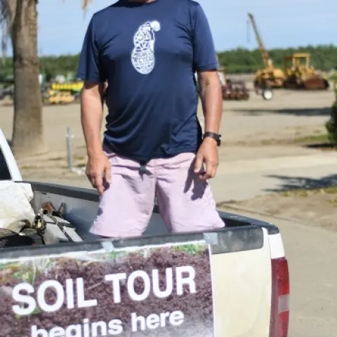 CASI’s Jeff Mitchell prepares for the final 2019 Friday soil tour and demonstration offering on June 28 at the NRI Project in Five Points, CA