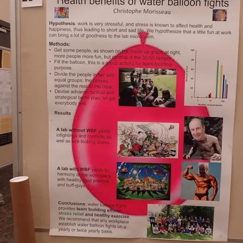 This is researcher Christophe Morisseau's water balloon battle poster, now on display in the Briggs Hall basement, outside his office. (Photo by Kathy Keatley Garvey)