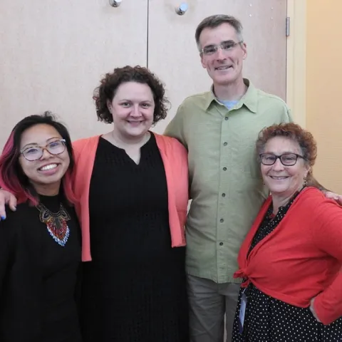 The organizers: This four-member team put together the fourth International Pollinator Conference, held July 17-20 at UC Davis. From left are Elizabeth "Liz" Luu, events manager, UC Davis Honey and Pollination Center, co-chairs Neal Williams and Extension apiculturist Elina Lastro Niño of the UC Davis Department of Entomology and Nematology; and Amina Harris, director, Honey and Pollination Center. (Photo by Kathy Keatley Garvey)