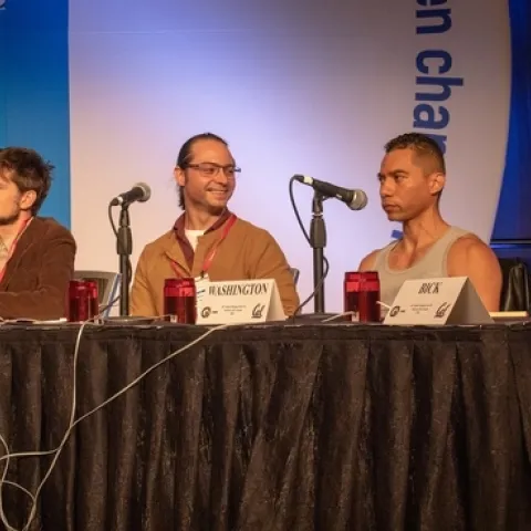 This is the University of California Linnaean Games Team competing at the 2018 meeting of the Entomological Society of America. From left are Zachary Griebenow and Brendon Boudinot of UC Davis, captain Ralph Washington Jr. of UC Berkeley, and Emily Bick of UC Davis. They won the national championship. (ESA Photo)