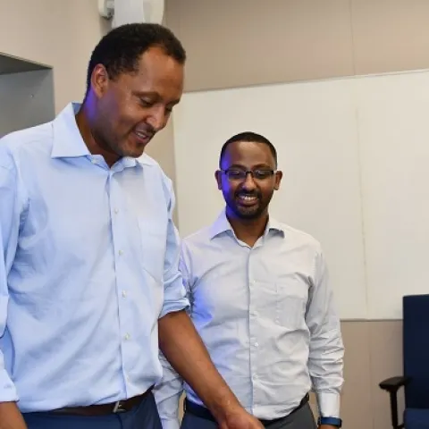 Drs. Samuel Araya (right) and Teamrat Ghezzehei of UC Merced immediately following the successful PhD defense by Araya, August 13, 2019 on the UC Merced campus