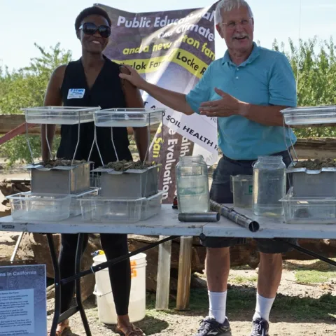 UCCE climate-smart educator Esther Mosase, left, and UCCE specialist Jeff Mitchell at the field day. Mosase is a native of Botswana, the African country where Mitchell served in the Peace Corps before she was born.