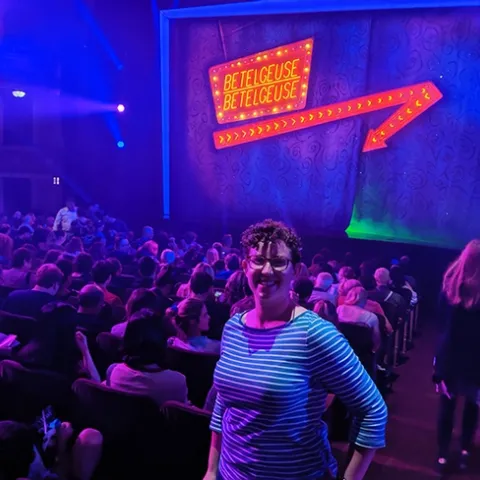 Entomologist Emily Bick at the musical stage show, "Beetlejuice." Her review appears in Entomology Today.