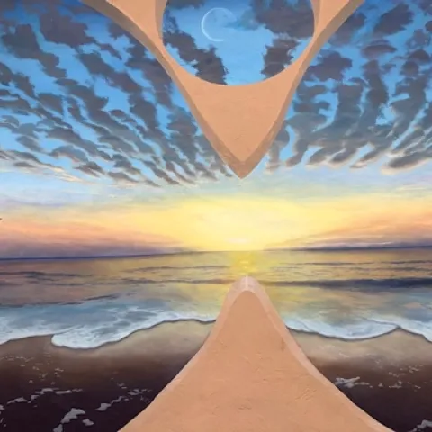 Beach view of the Monterey Bay through trompe d'oeil rendition of butterfly.