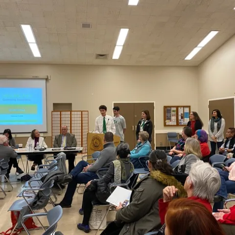 Club President Tristan speaking at the San Bruno Community Foundation meeting