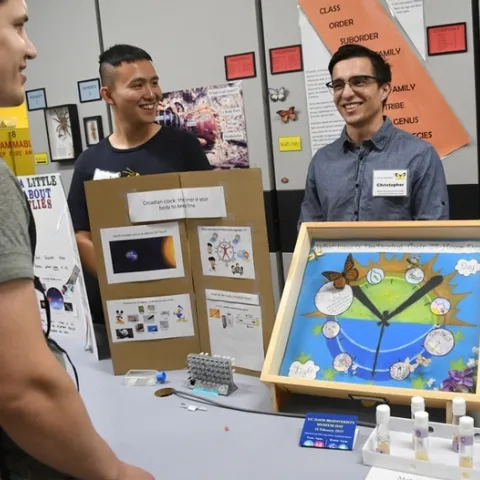 At last year's Bohart Museum open house on student research, graduate student Yao Cai (left) and undergraduate Christopher Ocoa, both of the Joanna Chiu lab, chatted with visitors about their fruit fly and monarch research. (Photo by Kathy Keatley Garvey)