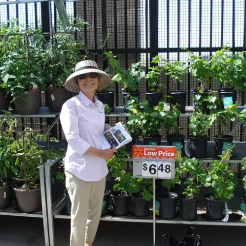Woman with clipboard standing in front of a row of plants at a local nursery.