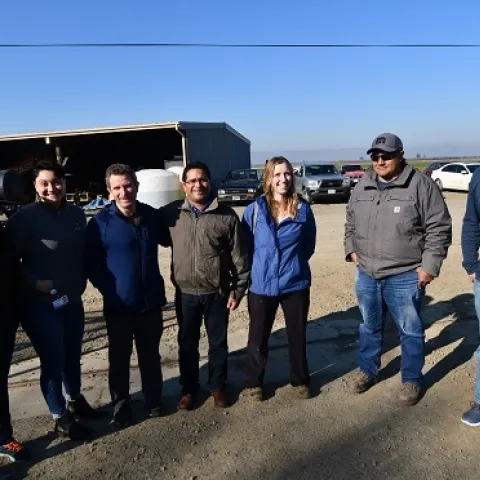Newly-initiated vegetable and chicken organic study project team visiting the California study site at the LTRAS Facility on the UC Davis campus, February 7, 2020. (left to right) Student Assistant working with Dr. Maurice Pitesky, Sarai Acosta, Maurice Pitesky, Ajay Nair, Nicole Tautges, Israel Herrera, and Brandon Carpenter