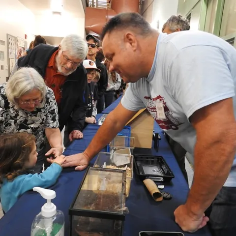 Martin Hauser of the California Department of Food and Agriculture will speak on stingless bees of Palo Alto at the Pacific Coast Entomological Society meeting on Feb. 27. Here he introduces Madagascar hissing cockroaches to Bohart Museum of Entomology guests on Feb. 15 during the UC Davis Biodiversity Museum Day. (Photo by Kathy Keatley Garvey)