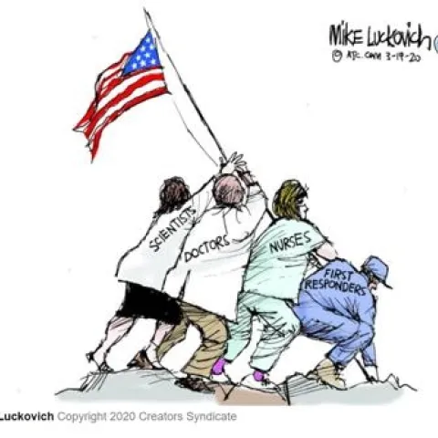 Cartoon of scientist, doctor, nurse, and first responder jointly raising a US flag.