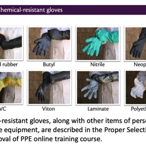 Chemical resistant gloves, including Natural rubber, Butyl, Nitrile, Neoprene, PVC, Viton, Laminate, and Polyethylene, shown on screen of PPE online course